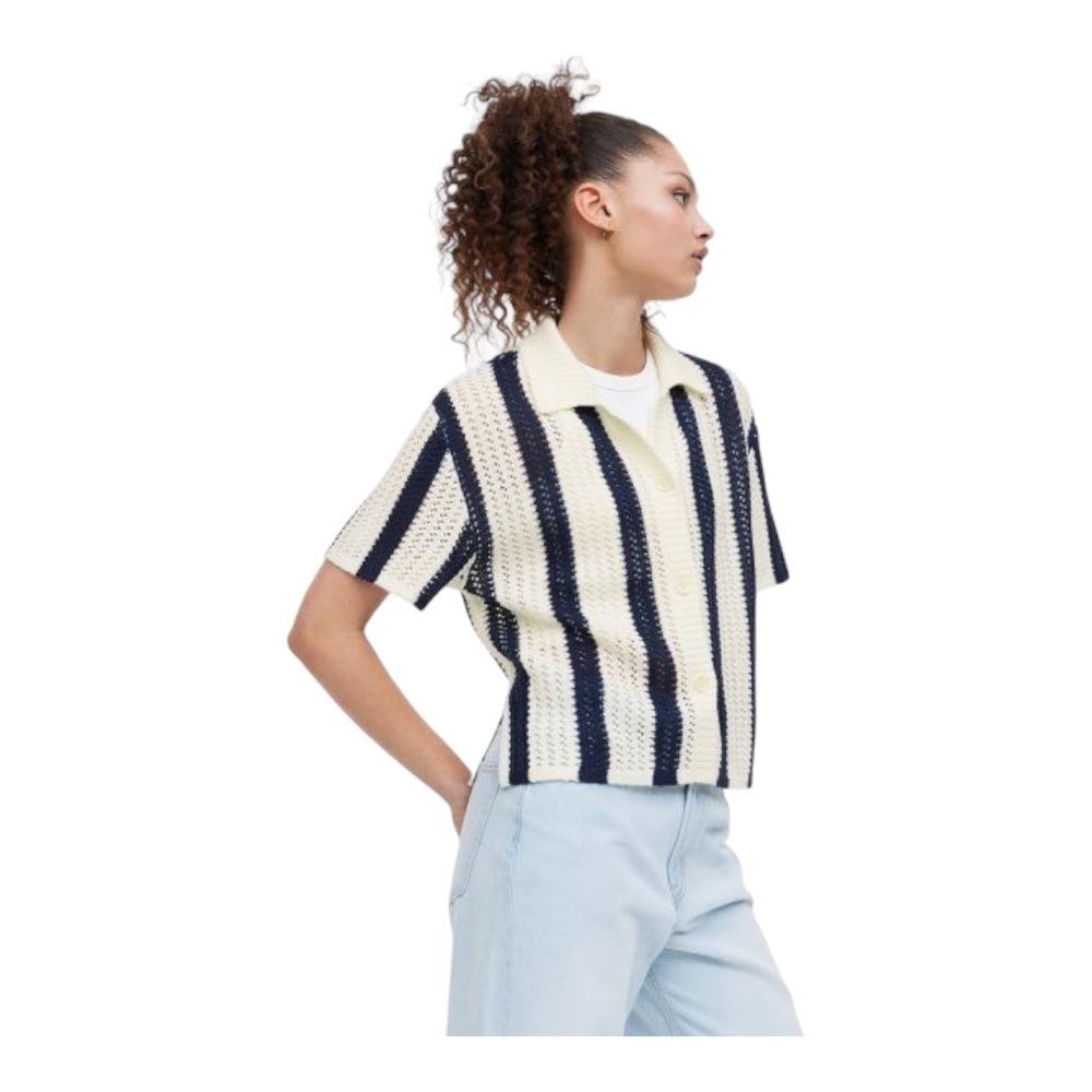 H&M Cream and Navy Striped Short-Sleeve Knit Cardigan - Picture 6 of 16